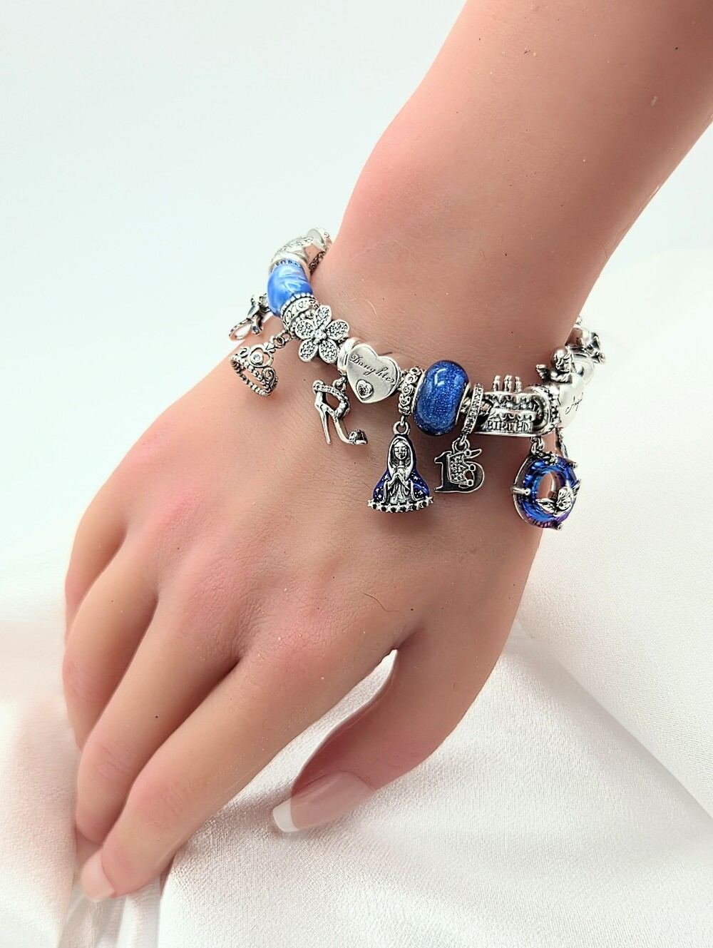 Linx Snake Chain Bracelet with Blue Religious Quinceanera Charms
